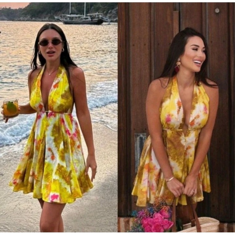 ZARA Women Short Floral Halter‎ Dress Open Open Yellow Size X LARGE NWT